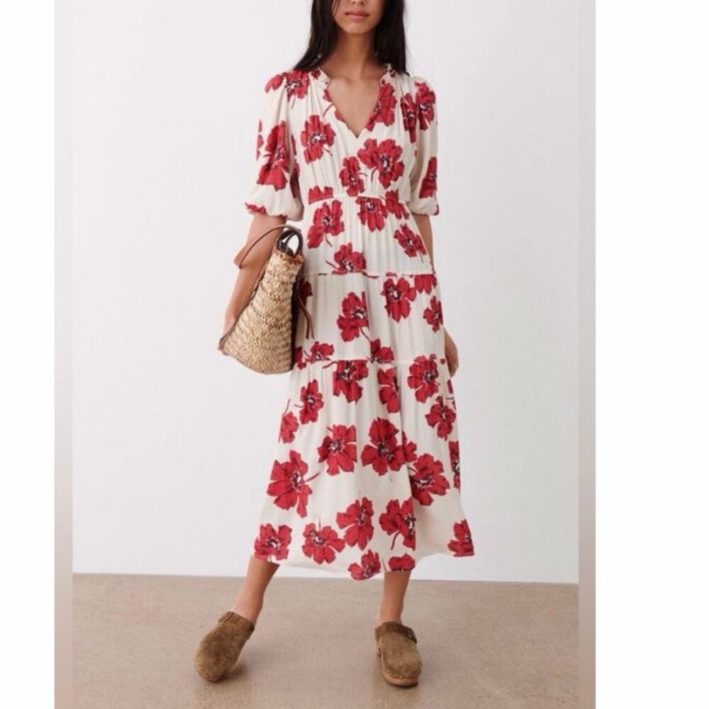 ba&sh Kory Red Floral Print Midi Dress Women's Size xS, 100% Viscose